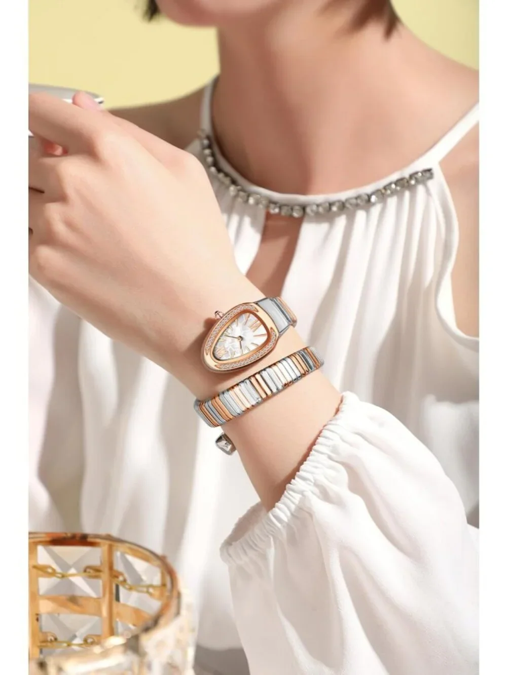 Women's Rose Silver White Elegant Wrap Around Bangle Fashion Snake Cuff Watches